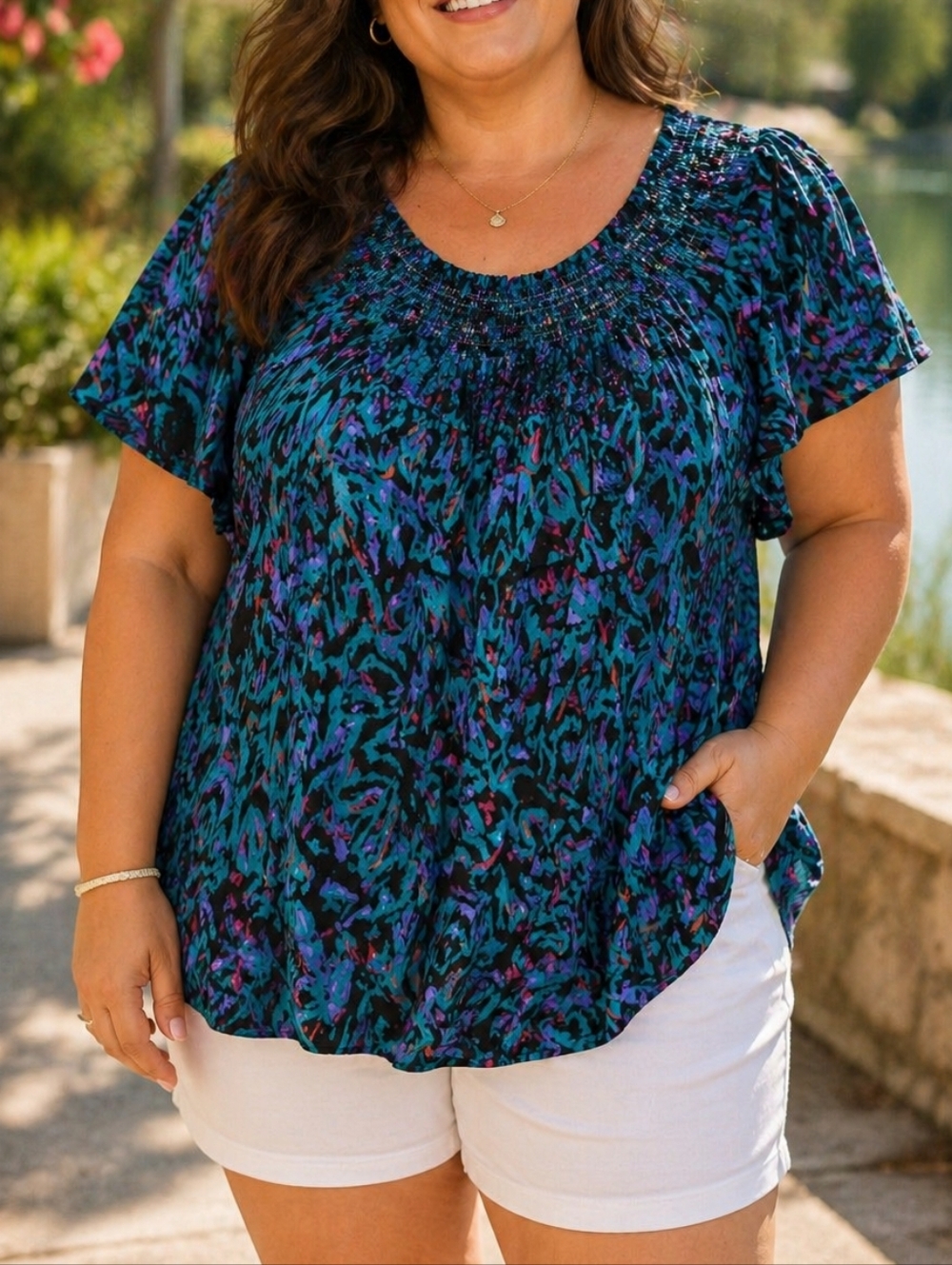 Penningtons 100% Viscose Off-the-Shoulder Top Blue Purple Abstract Boho Blouse